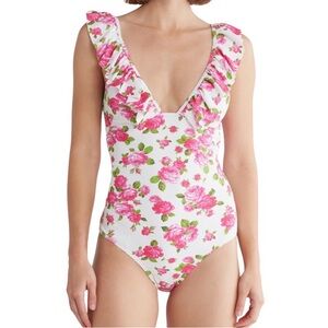 Betsey Johnson Ruffle One-Piece Swimsuit white and pink floral print Women’s XL